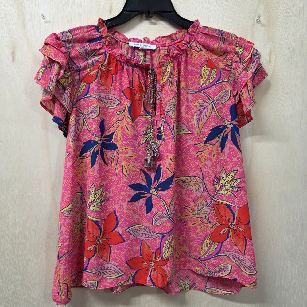 Rose + Olive Pink Floral Ruffle Neck Tassel Blouse Large Flutter Sleeve Top - Picture 2 of 10